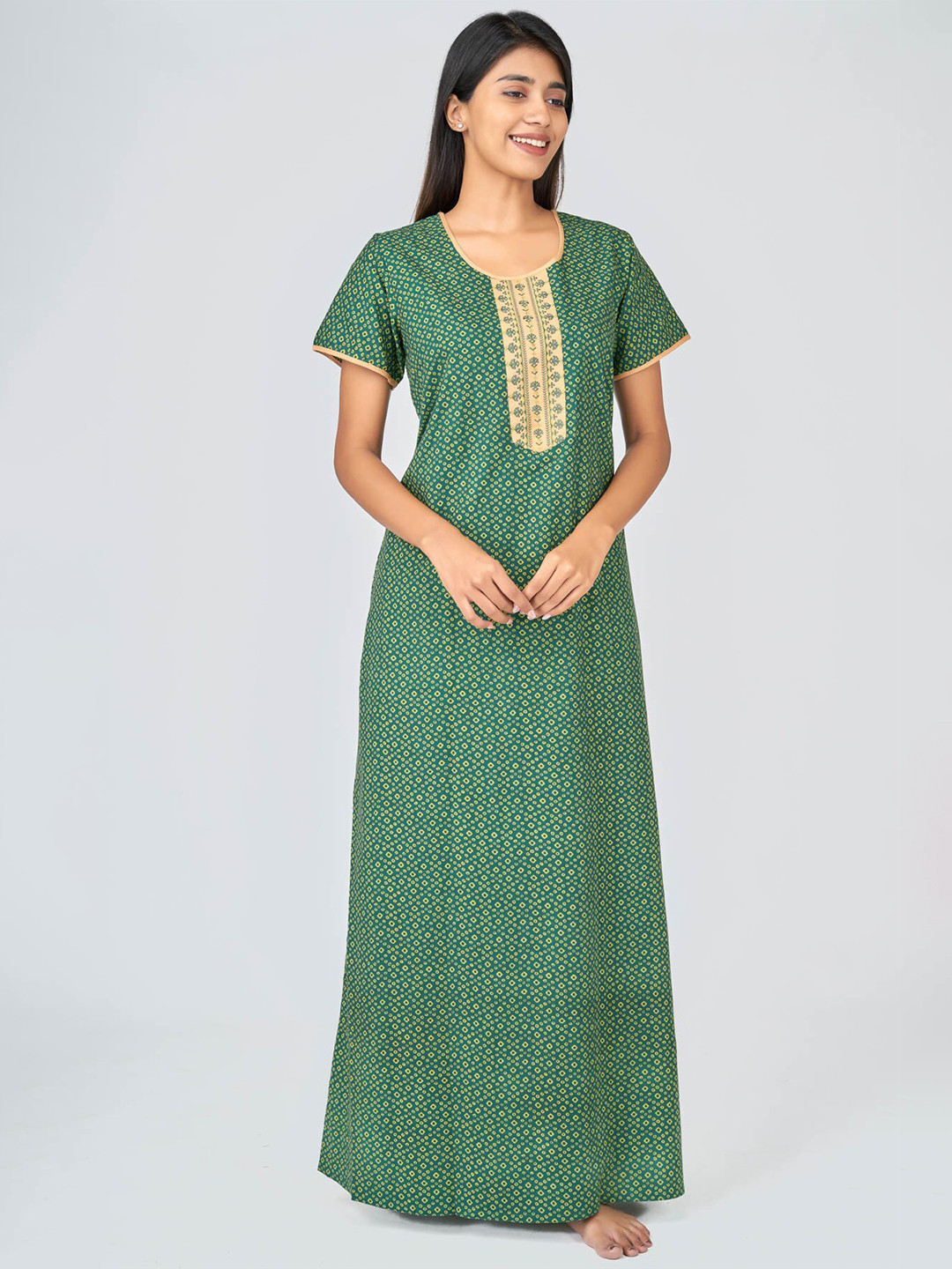 

Maybell Green Printed Pure Cotton Maxi Nightdress