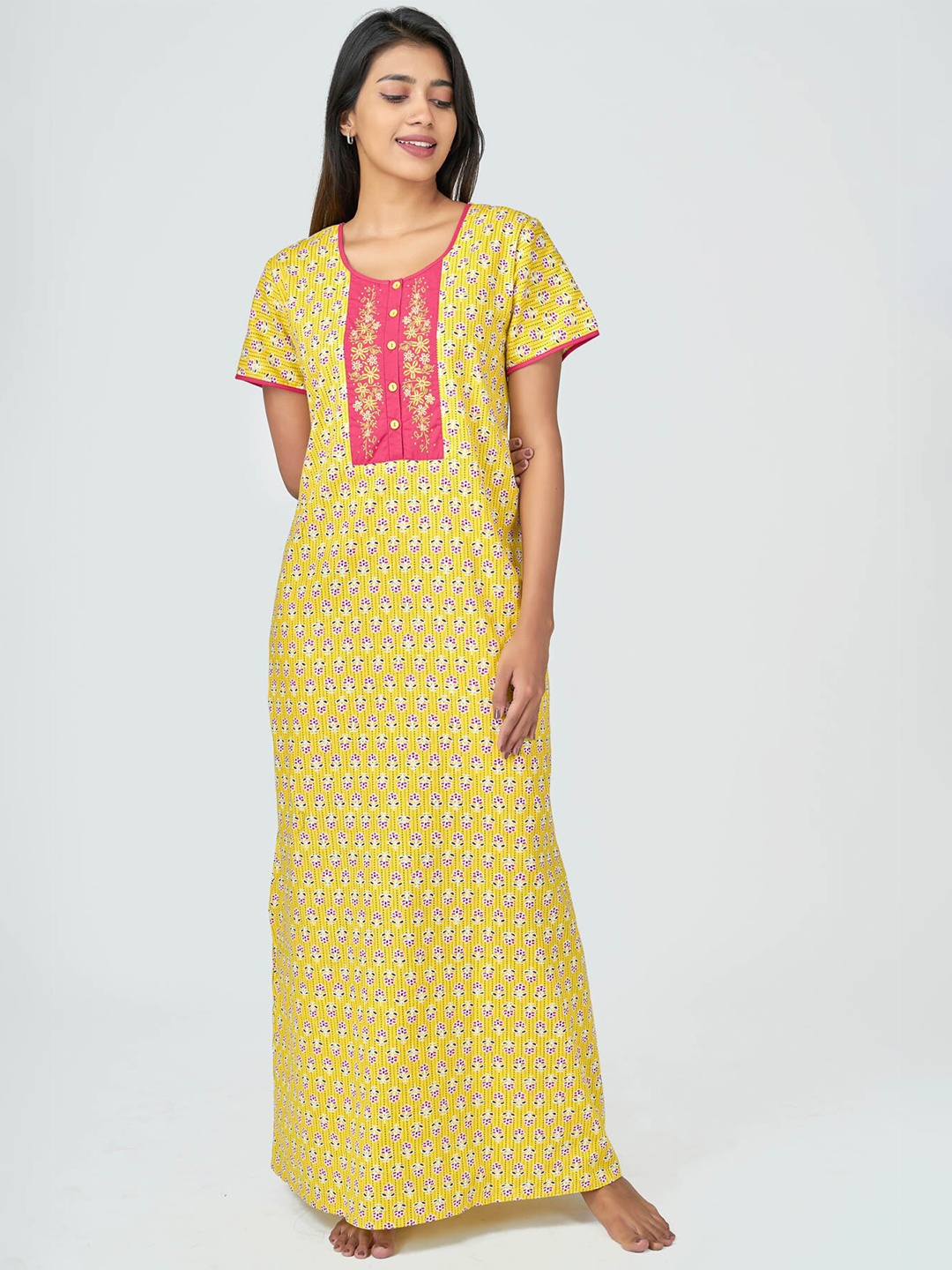 

Maybell Yellow Embroidered Maxi Nightdress