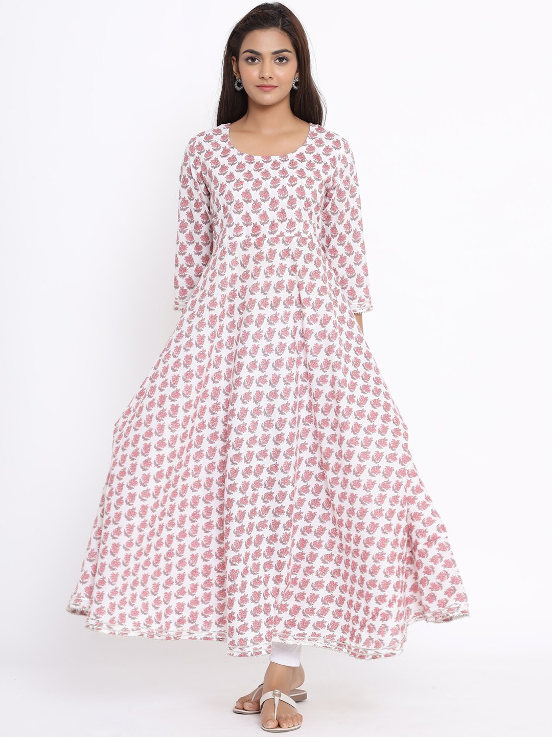 

MIRAVAN Women White Ethnic Motifs Checked Anarkali Kurta