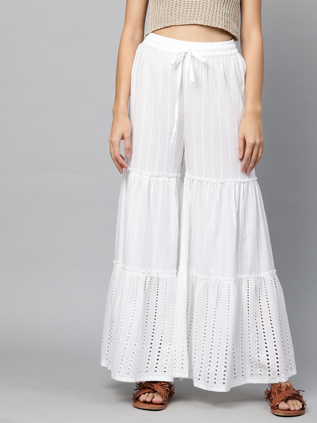 

FASHOR Women White Embroidered Flared Ethnic Palazzos