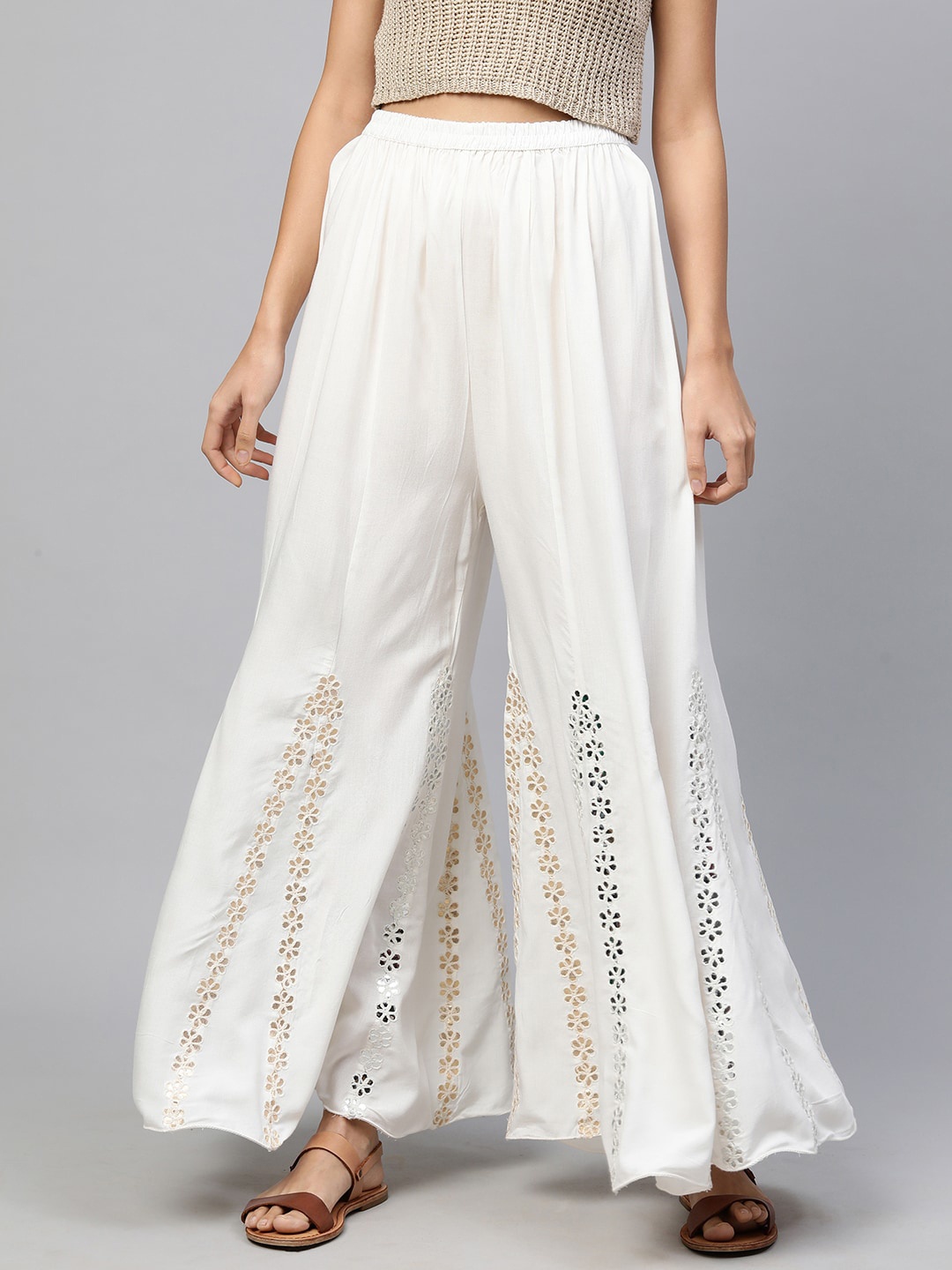 

FASHOR Women Off White Ethnic Motifs Embroidered Flared Palazzos