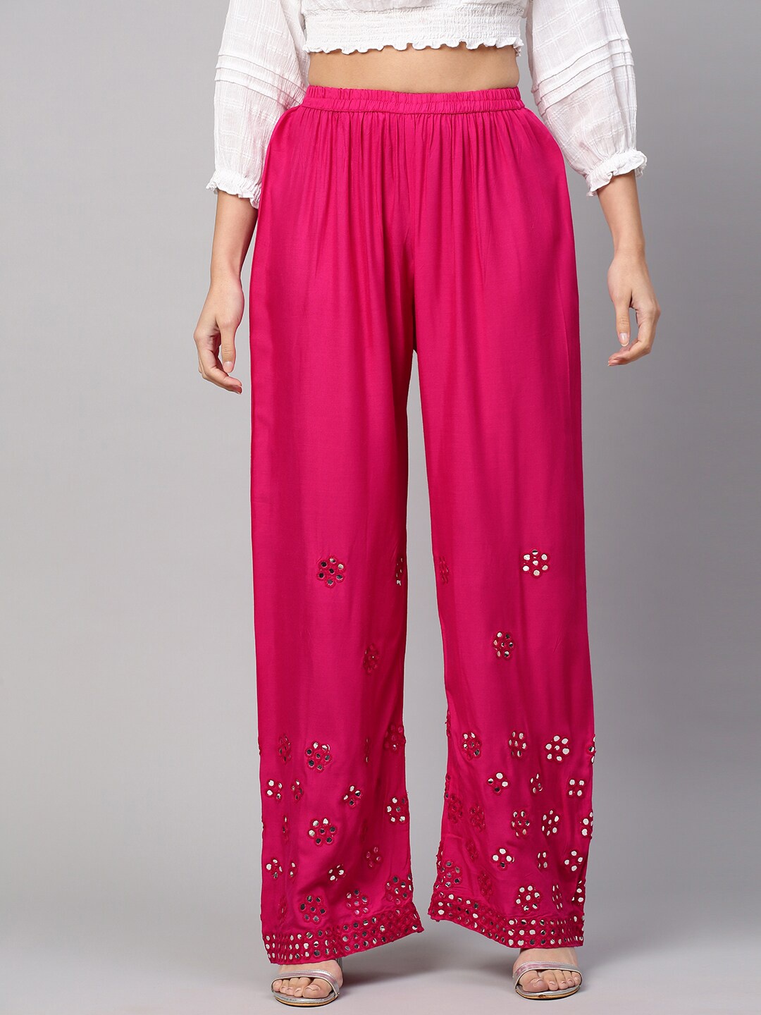 

FASHOR Women Fuchsia Floral Mirror Embroidered Palazzos