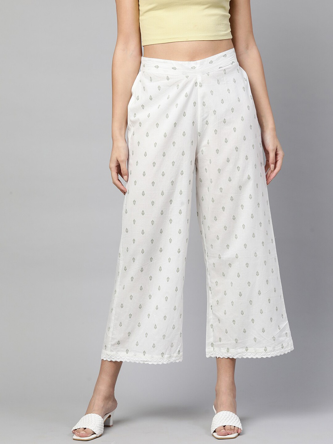 

FASHOR Women White Floral Printed Comfort Straight Fit Pleated Trousers