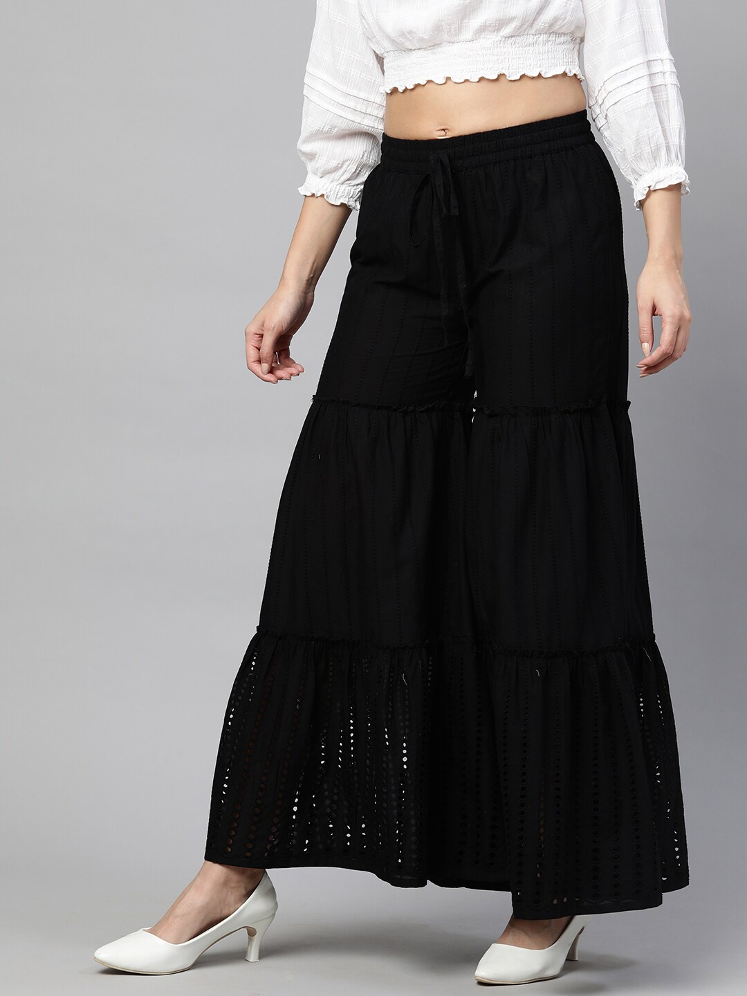

FASHOR Women Black Embroidered Flared Palazzos
