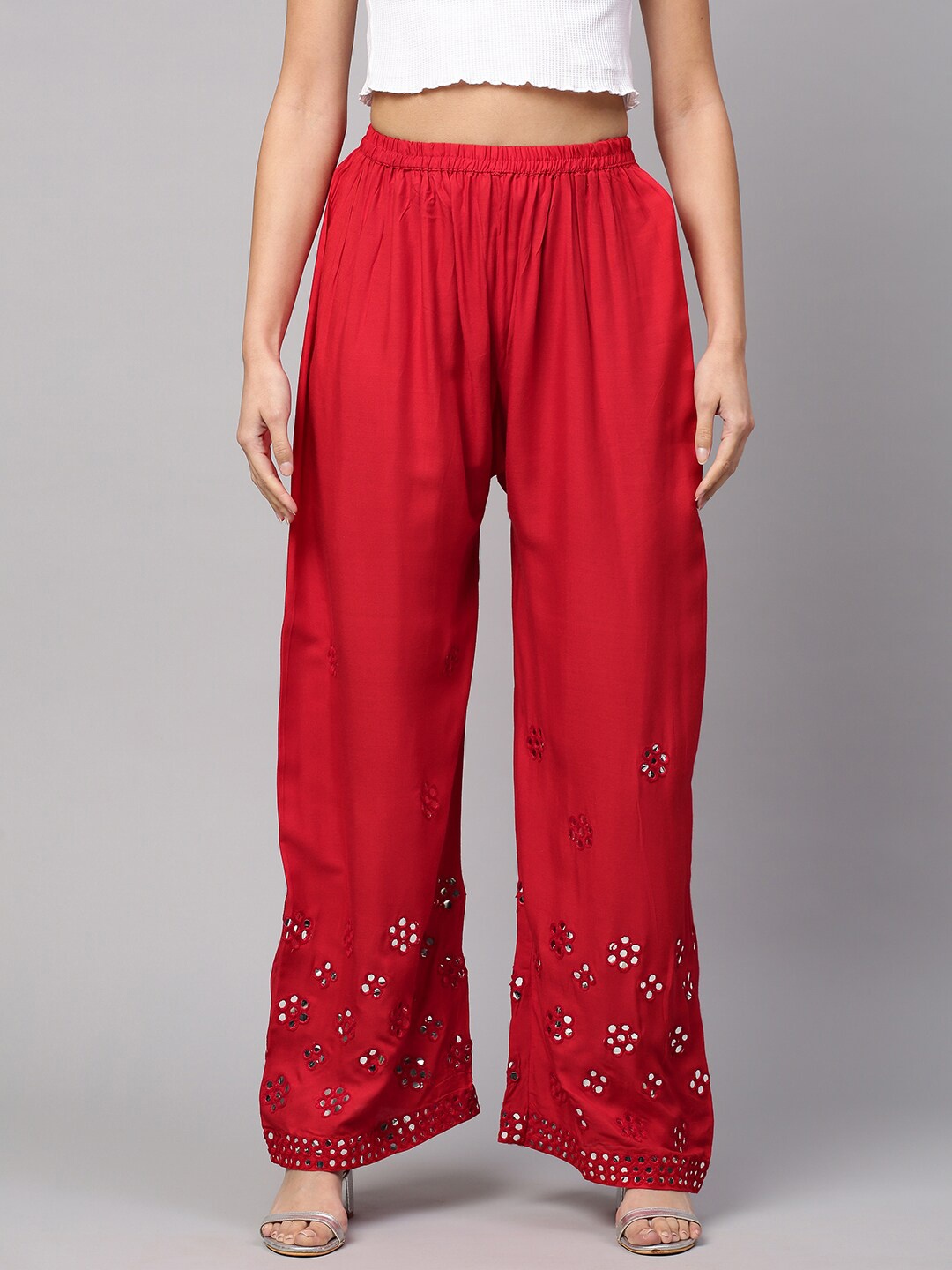 

FASHOR Women Red & White Ethnic Motifs Mirror Embroidered Palazzos