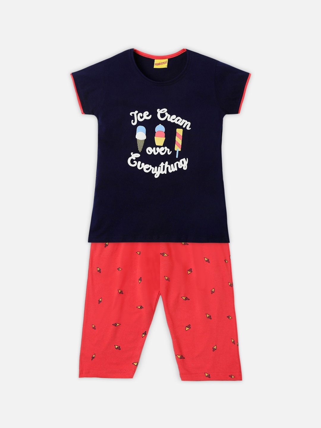 

Punkster Girls Navy Blue & Red Printed Night suit