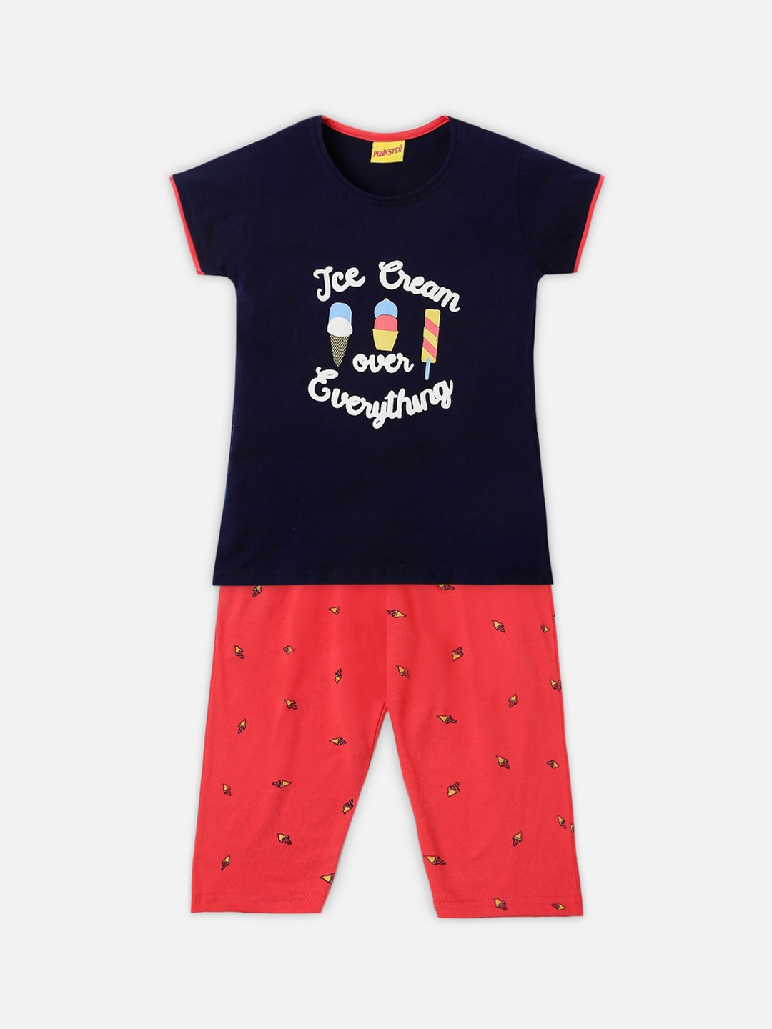 

Punkster Girls Navy Blue & Red Printed Cotton Night suit