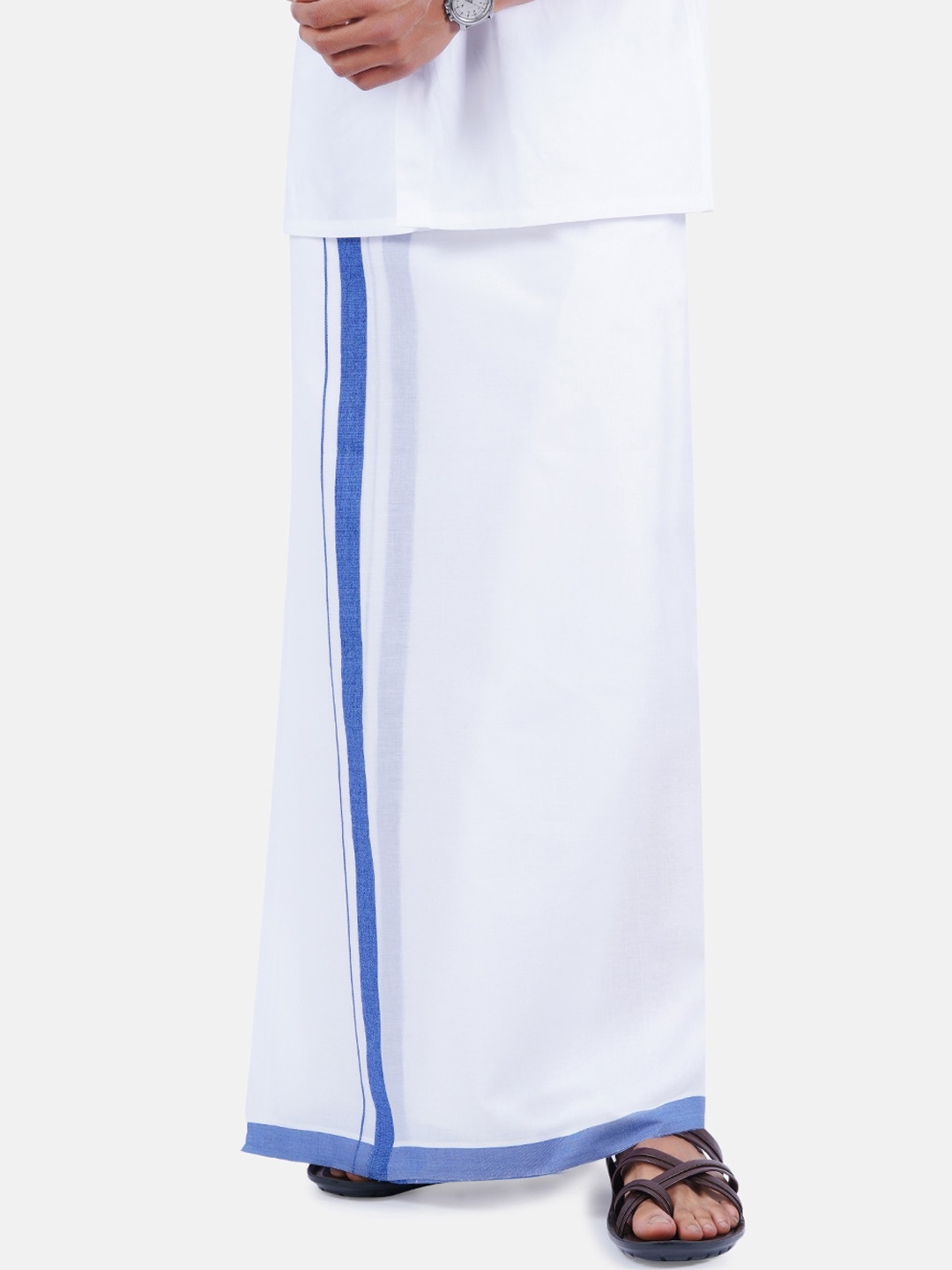 

Ramraj Men Pure Cotton White Solid Dhoti with Blue border