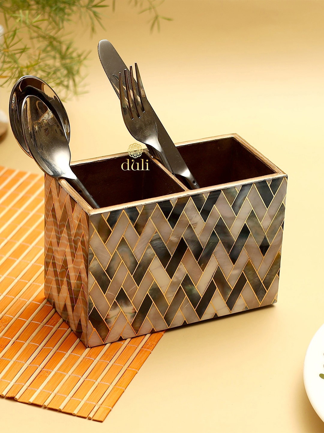 

DULI Cream Coloured & Green Printed MDF Wood Cutlery Holder
