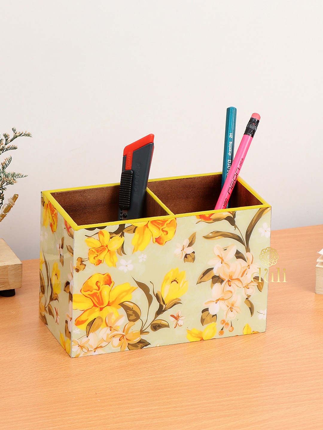

DULI Yellow Floral Print MDF Wood Cutlery Holder