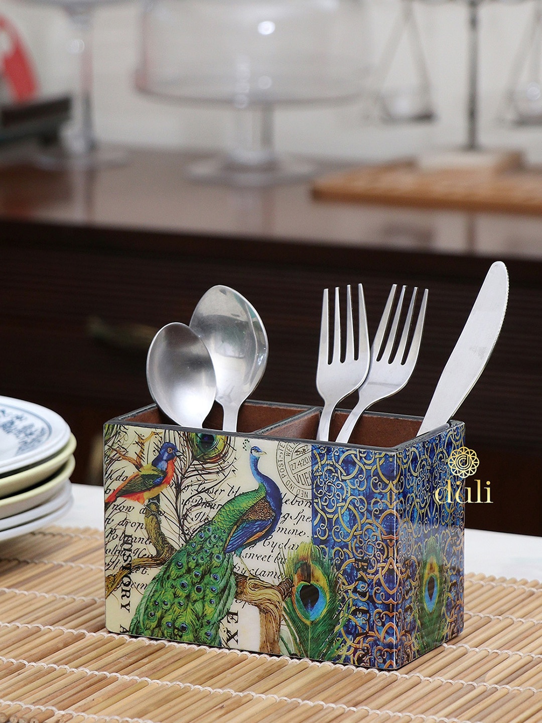 

DULI Green MDF Handmade Peacock Cutlery Holder