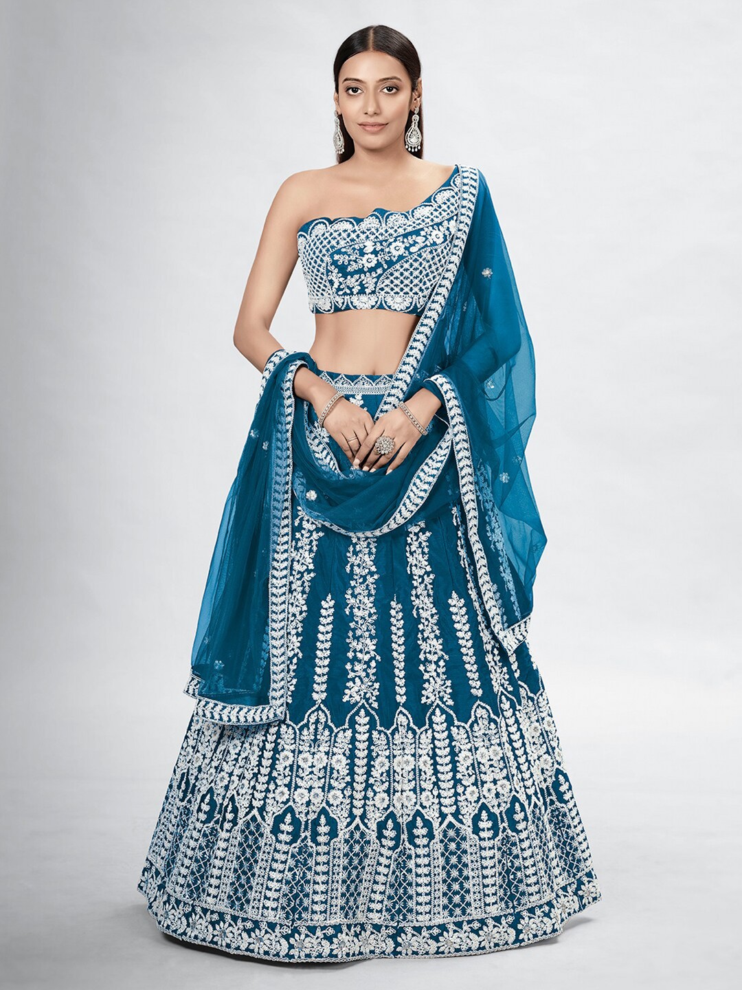 

DRESSTIVE Teal Blue & White Embroidered Semi-Stitched Lehenga Unstitched Choli & Dupatta
