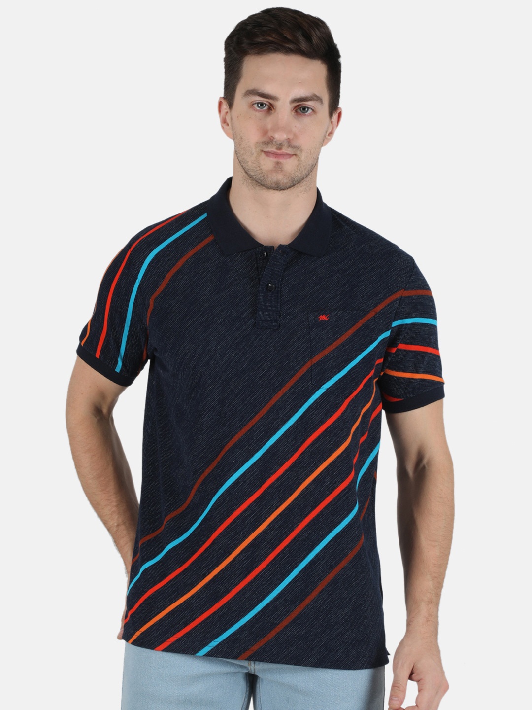 

Monte Carlo Men Navy Blue Striped Mandarin Collar T-shirt