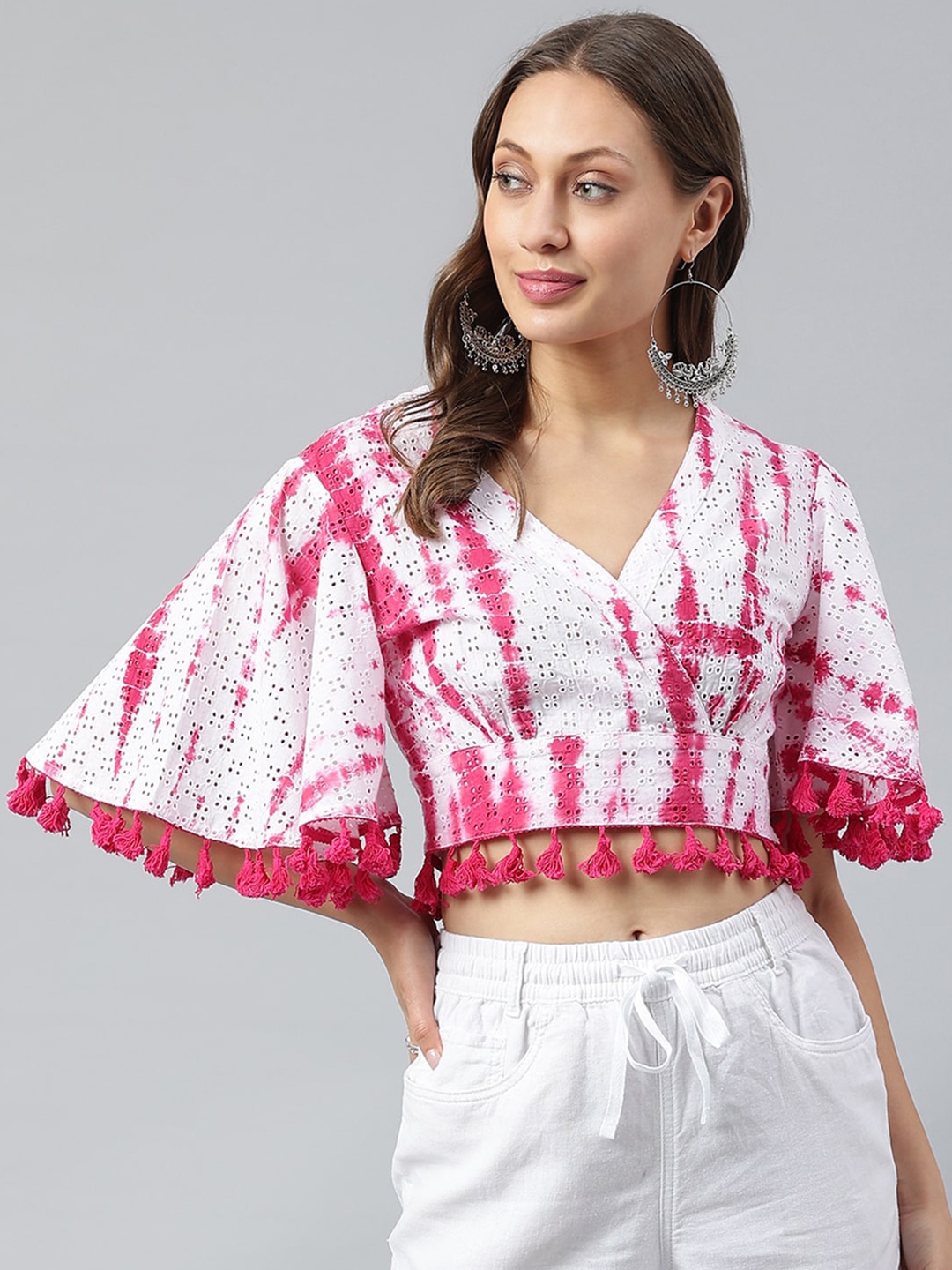 

pinwheel Pink Tie and Dye Fringed Wrap Crop Top