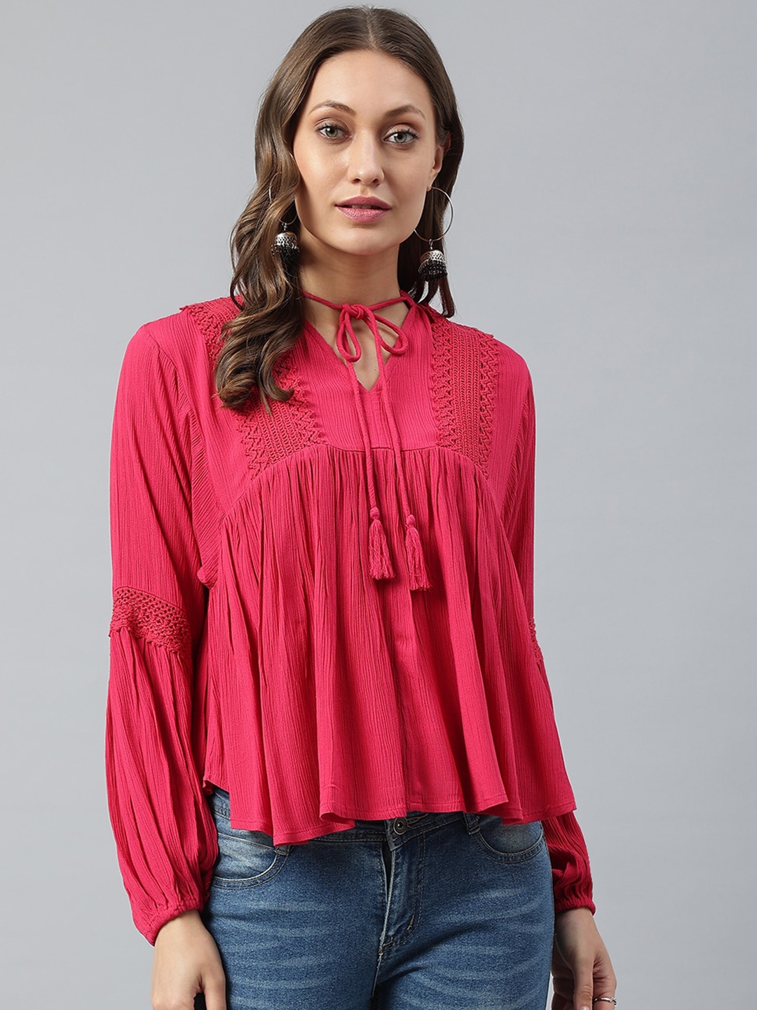 

pinwheel Pink Tie-Up Neck Empire Top