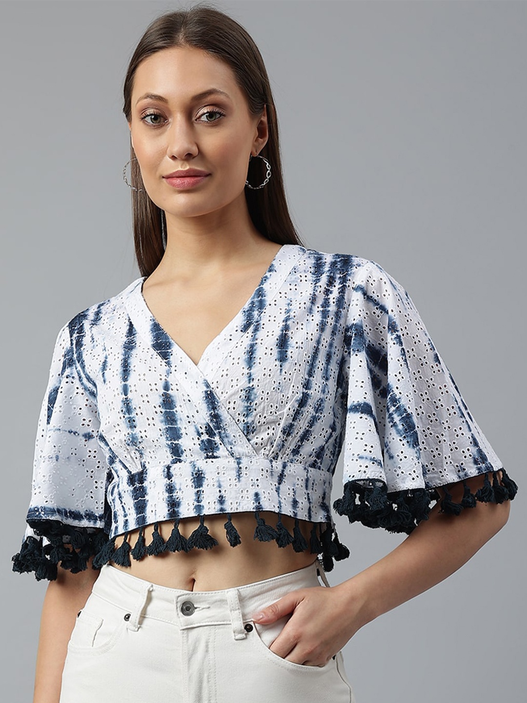 

pinwheel Blue Tie and Dye Print Fringed Wrap Crop Top