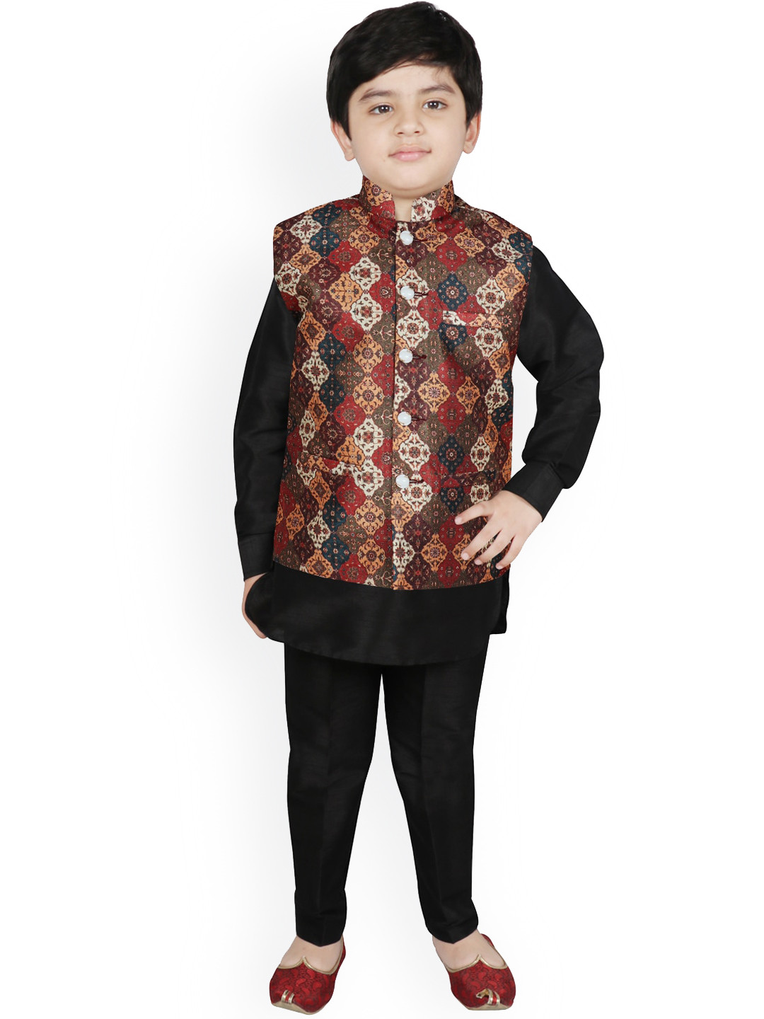 

SG YUVRAJ Boys Multicoloured Floral Layered Raw Silk Kurti with Pyjamas, Multi