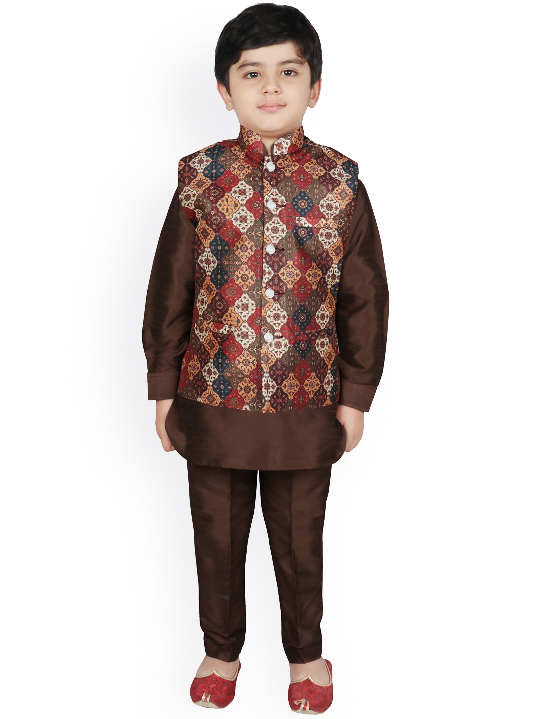 

SG YUVRAJ Boys Multicoloured Floral Layered Raw Silk Kurti with Pyjamas, Multi