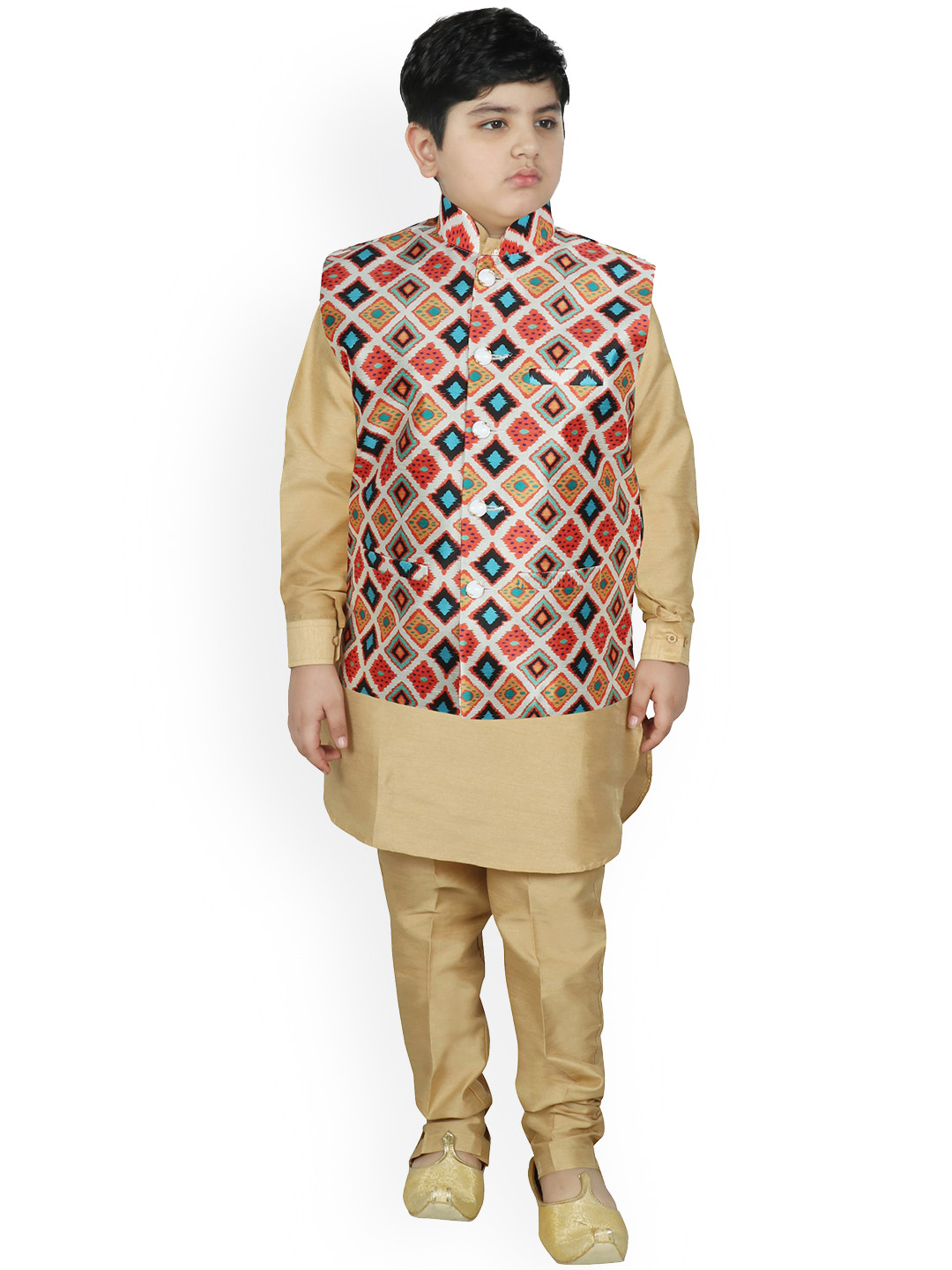 

SG YUVRAJ Boys Cream-Coloured Printed Raw Silk Kurti with Churidar