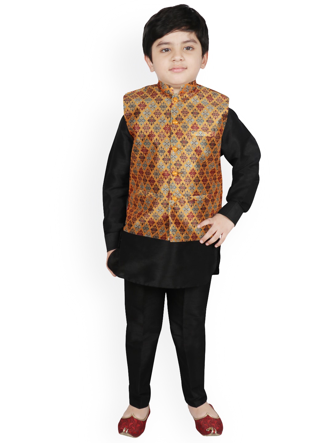 

SG YUVRAJ Boys Yellow Floral Layered Raw Silk Kurti with Pyjamas