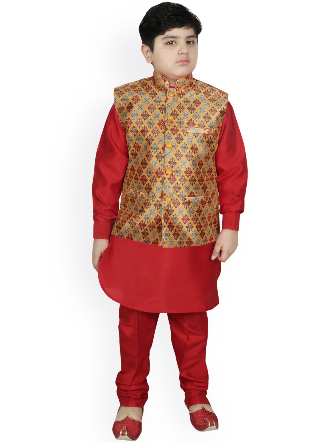

SG YUVRAJ Boys Yellow Layered Raw Silk Kurti with Pyjamas