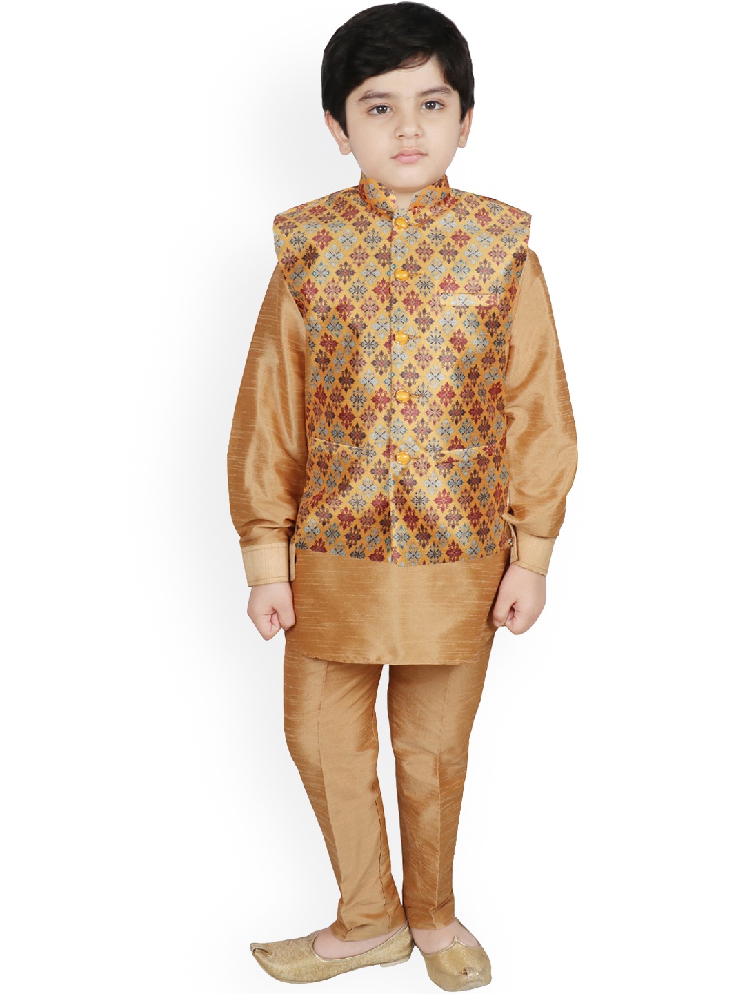 

SG YUVRAJ Boys Yellow Pleated Raw Silk Kurti with Trousers