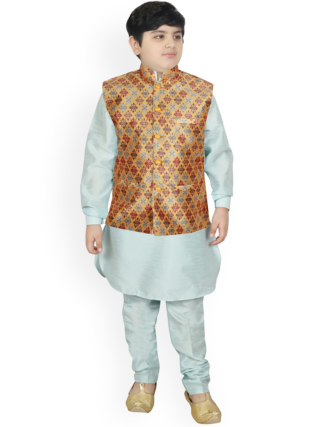 

SG YUVRAJ Boys Yellow Raw Silk Kurta with Pyjamas