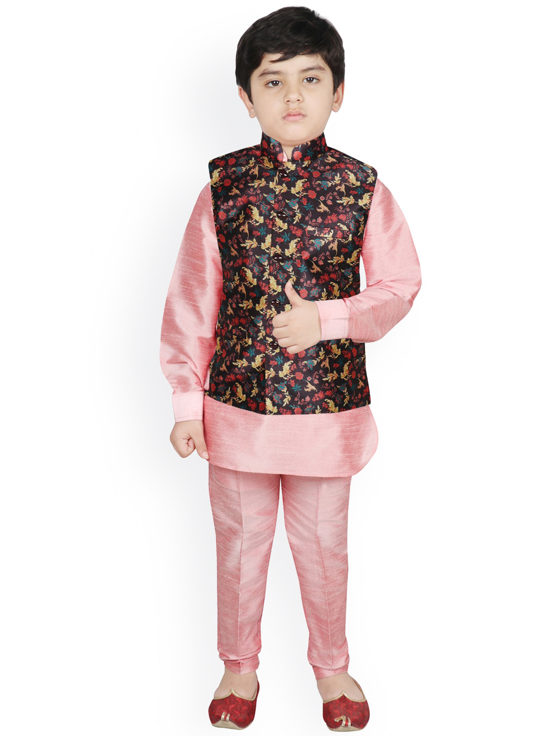 

SG YUVRAJ Boys Black Layered Raw Silk Kurta with Trousers