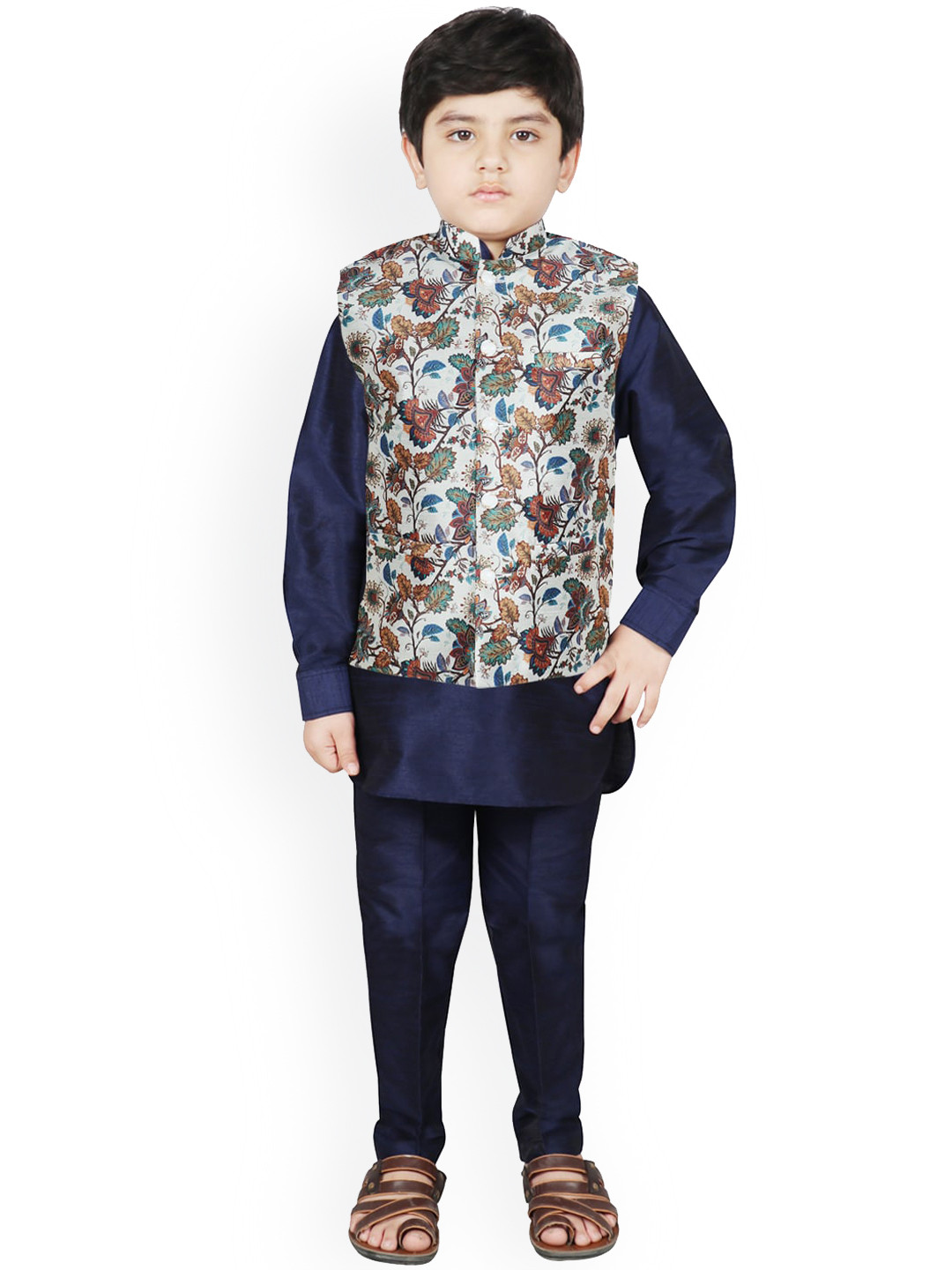 

SG YUVRAJ Boys White Floral Layered Raw Silk Kurti with Pyjamas