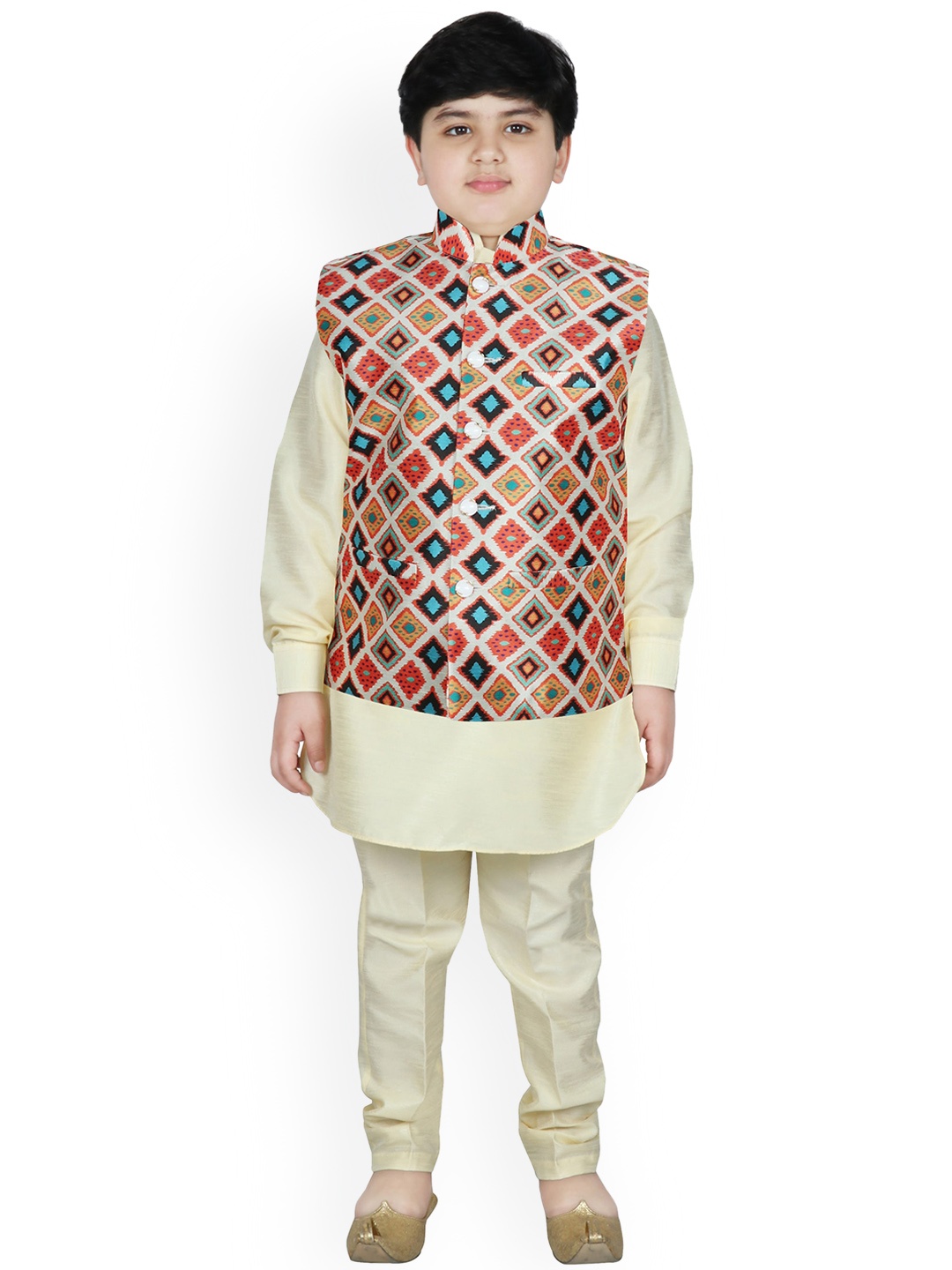 

SG YUVRAJ Boys Cream-Coloured Printed Layered Raw Silk Kurta with Pyjamas