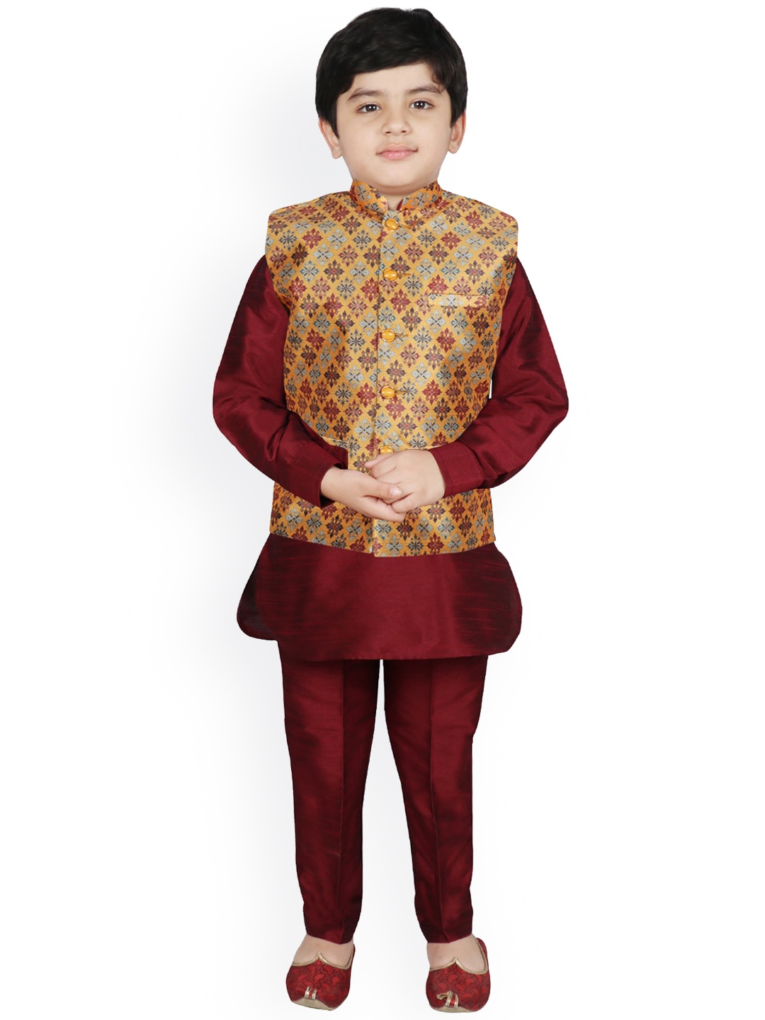 

SG YUVRAJ Boys Yellow Floral Layered Raw Silk Kurti with Pyjamas