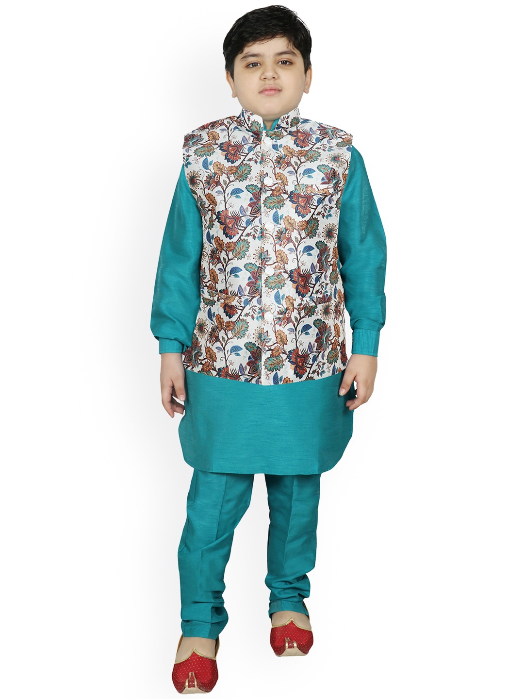 

SG YUVRAJ Boys White Floral Raw Silk Kurta with Churidar
