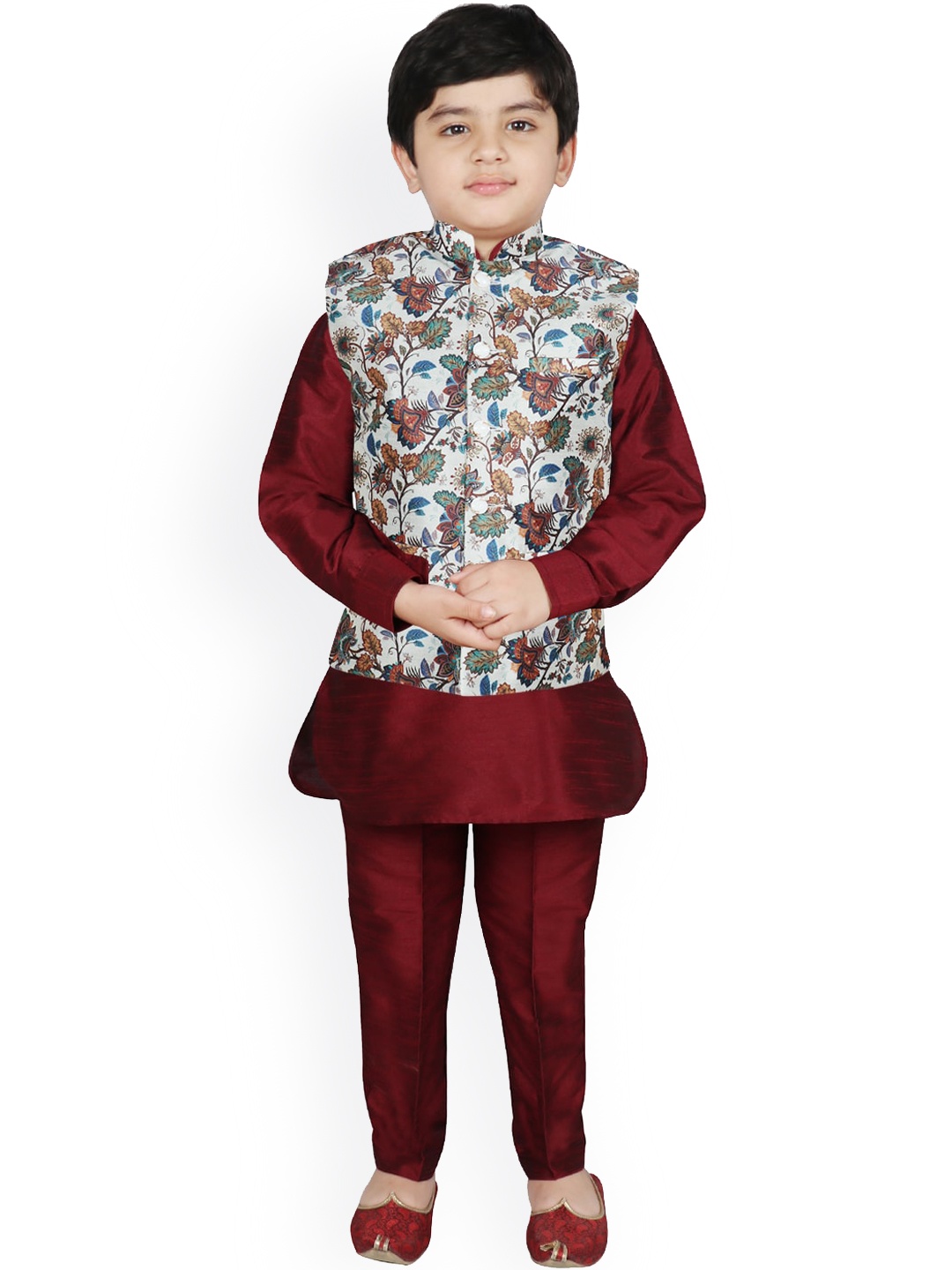 

SG YUVRAJ Boys White Floral Layered Raw Silk Kurti with Pyjamas