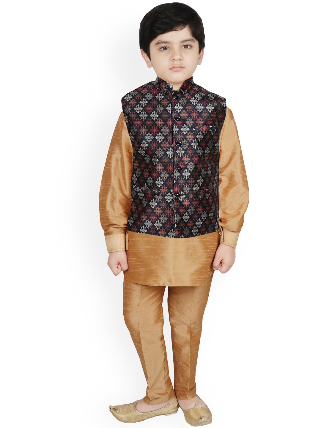 

SG YUVRAJ Boys Navy Blue Layered Raw Silk Kurti with Trousers