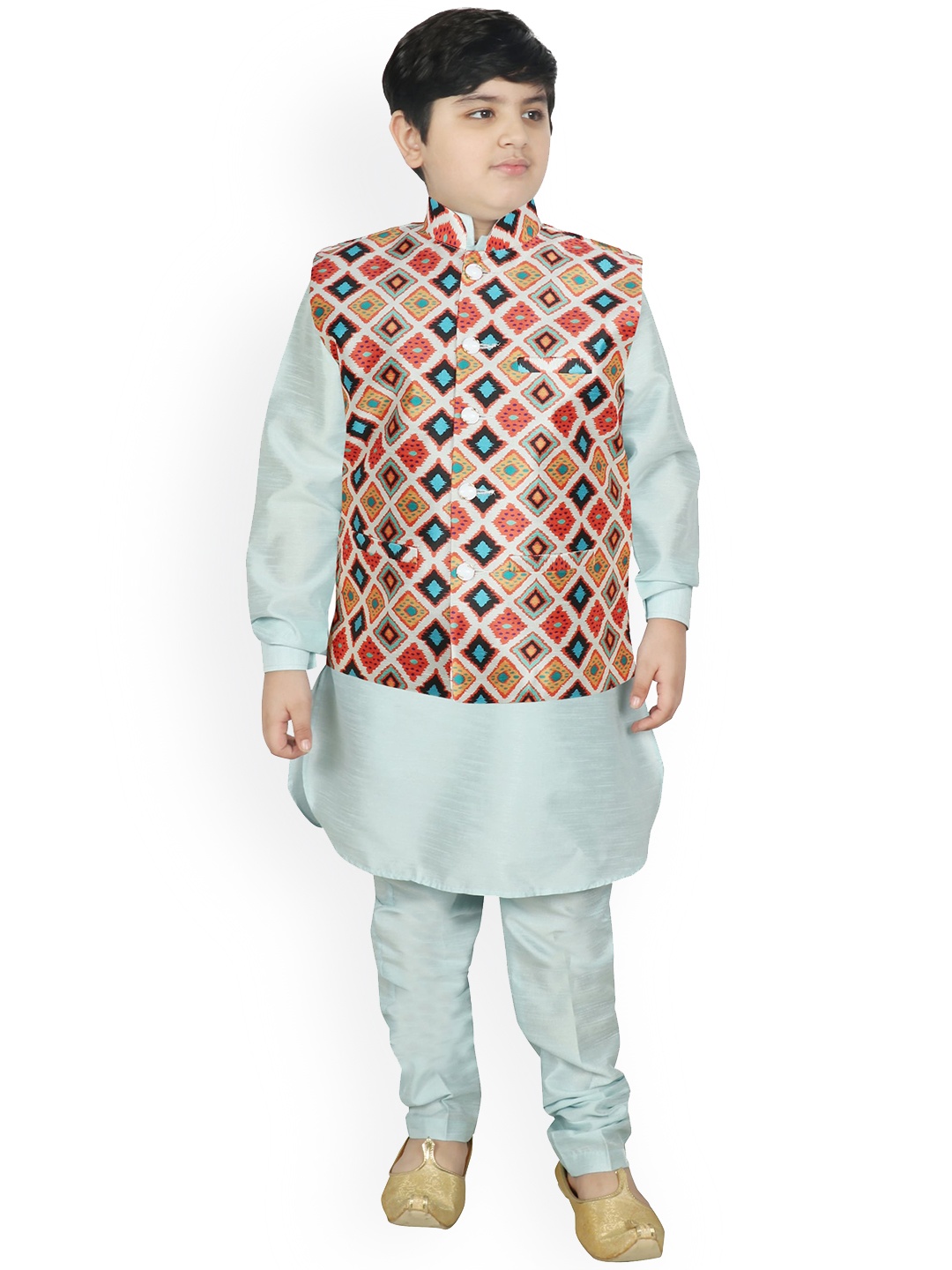 

SG YUVRAJ Boys Cream-Coloured Printed Raw Silk Kurta with Churidar