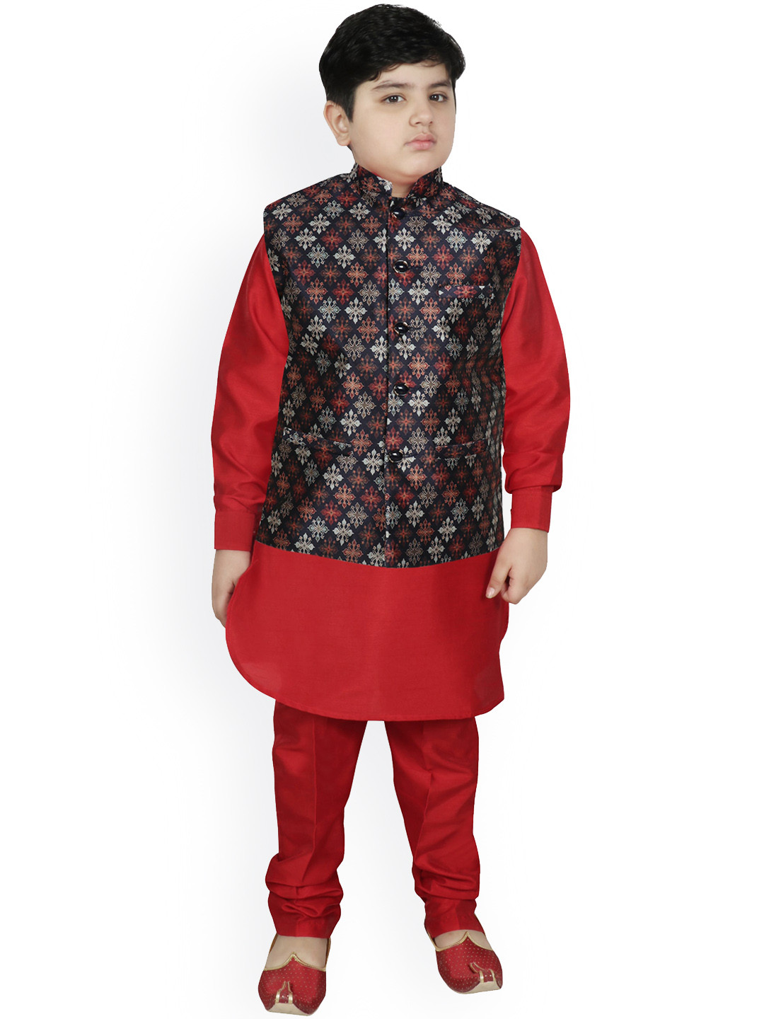 

SG YUVRAJ Boys Navy Blue Layered Raw Silk Kurta with Pyjamas