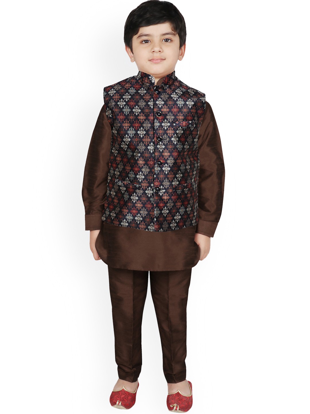 

SG YUVRAJ Boys Navy Blue Floral Layered Raw Silk Kurti with Pyjamas