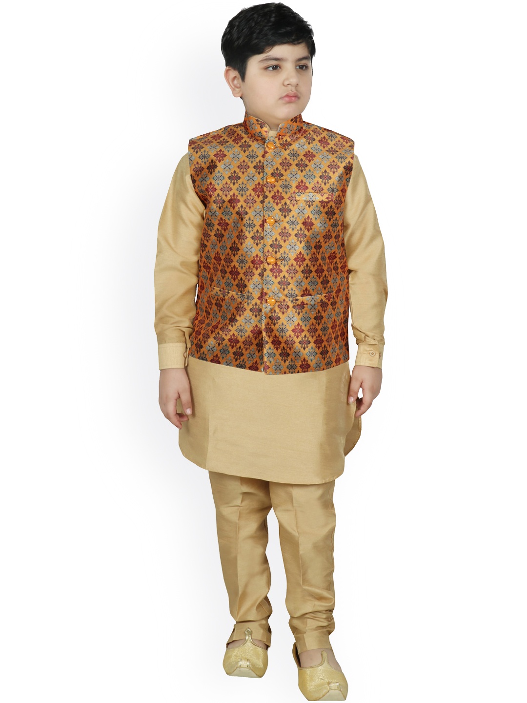 

SG YUVRAJ Boys Yellow Layered Raw Silk Kurti with Pyjamas