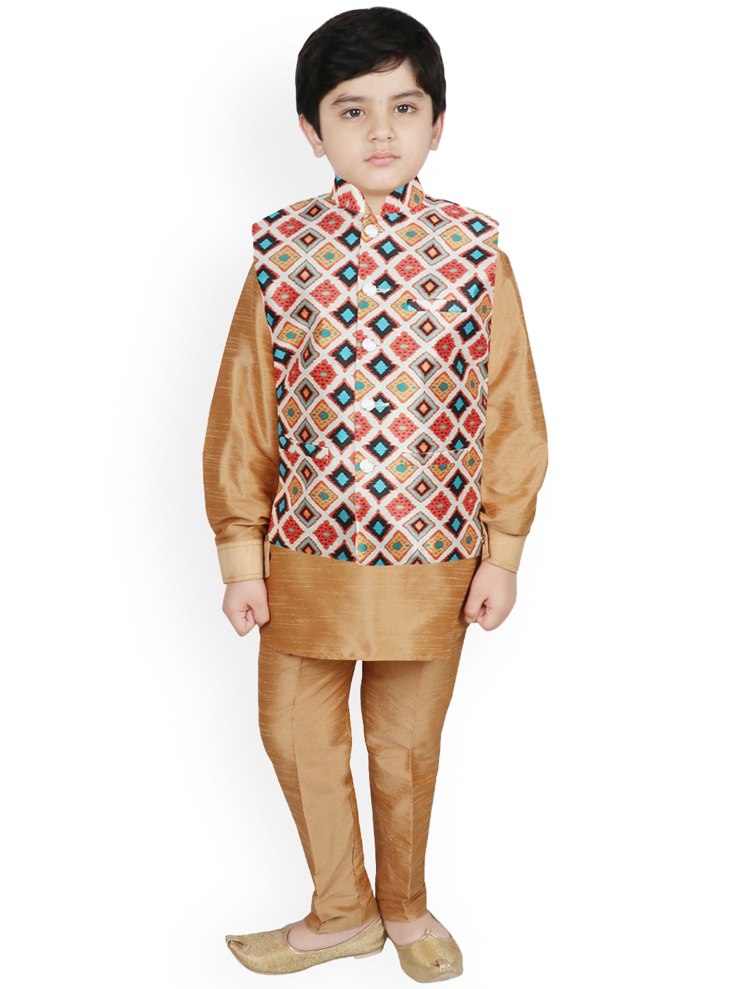 

SG YUVRAJ Boys Cream-Coloured Layered Raw Silk Kurti with Trousers