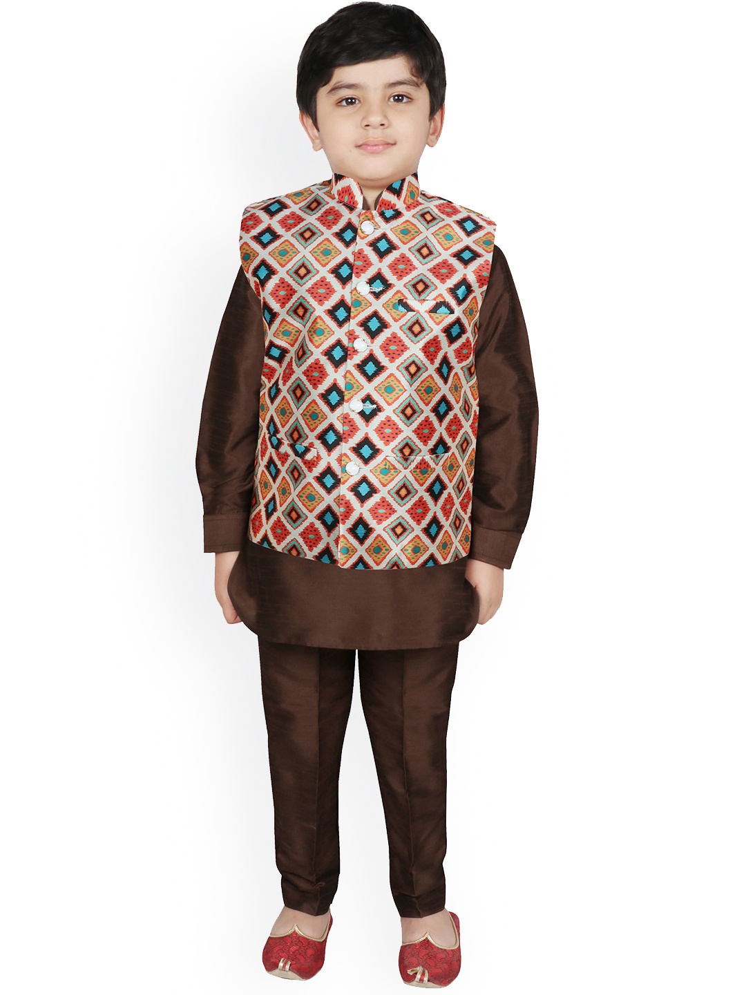

SG YUVRAJ Boys Cream-Coloured Layered Raw Silk Kurti with Churidar