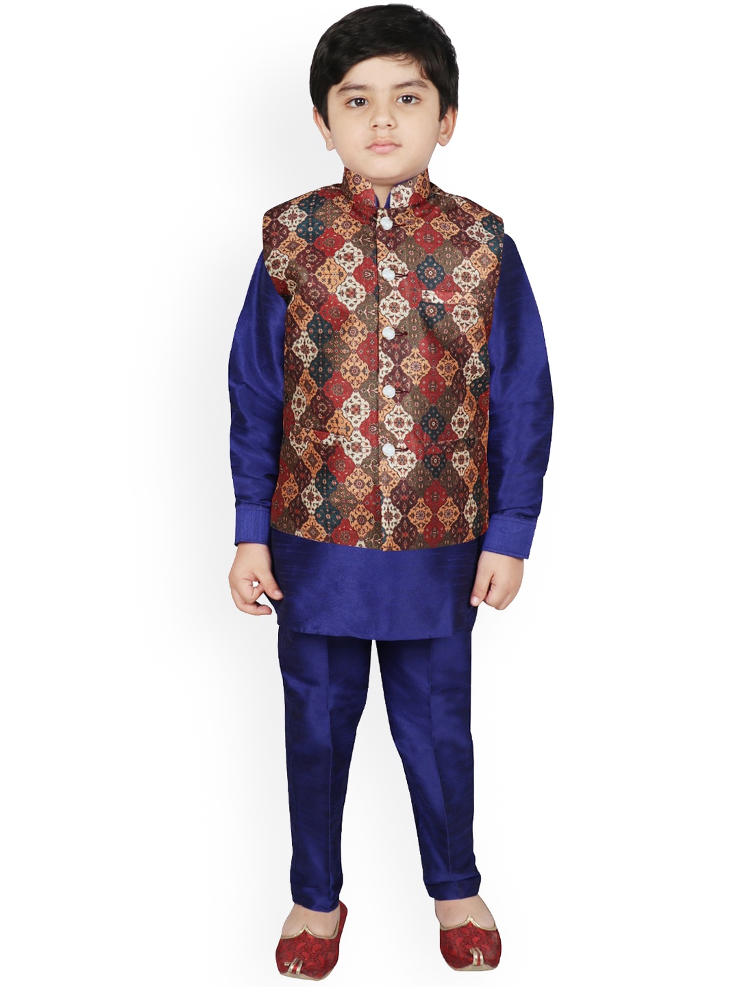 

SG YUVRAJ Boys Multicoloured Floral Layered Raw Silk Kurta with Pyjamas, Multi