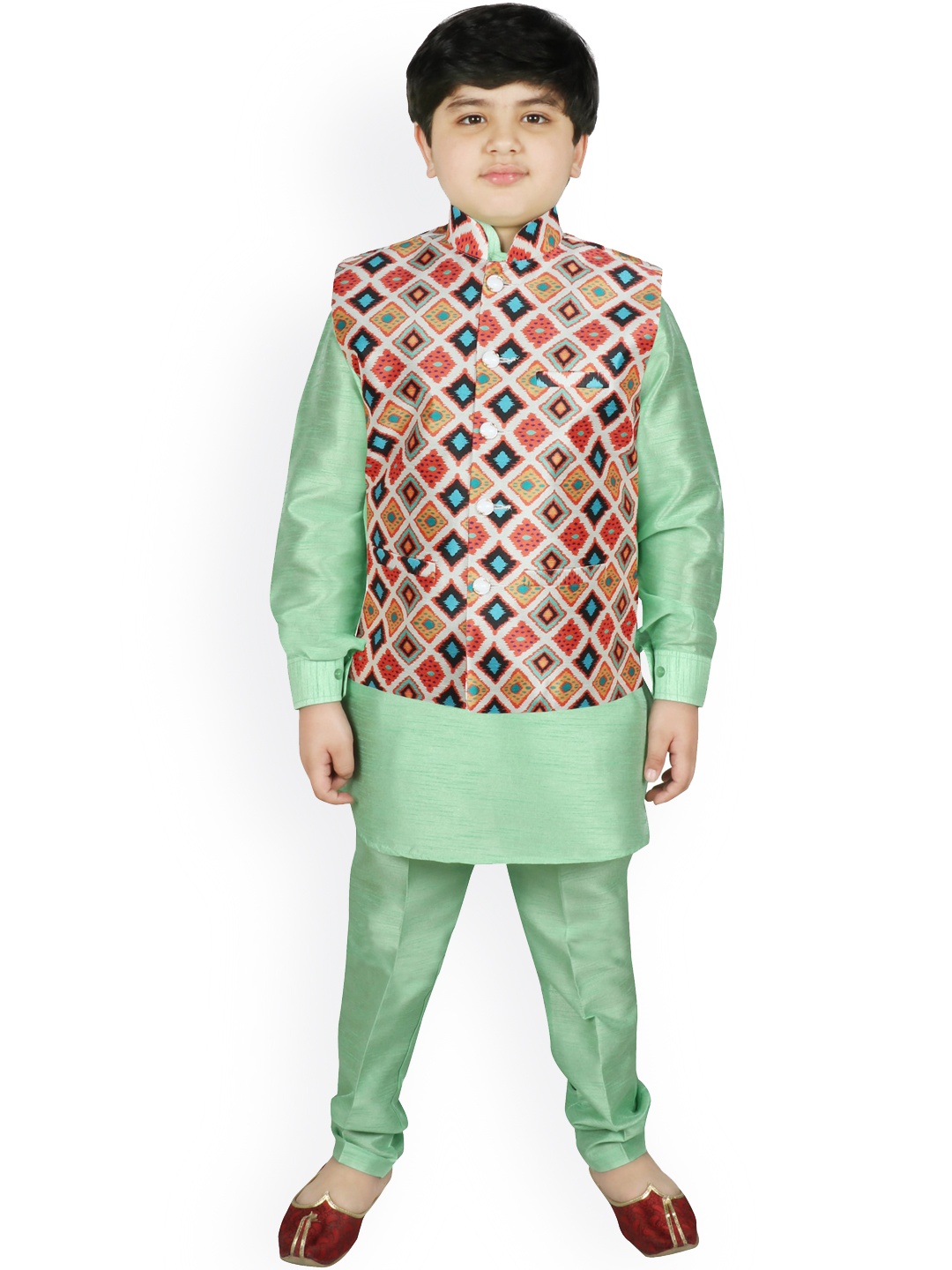 

SG YUVRAJ Boys Cream-Coloured Layered Raw Silk Kurti with Churidar