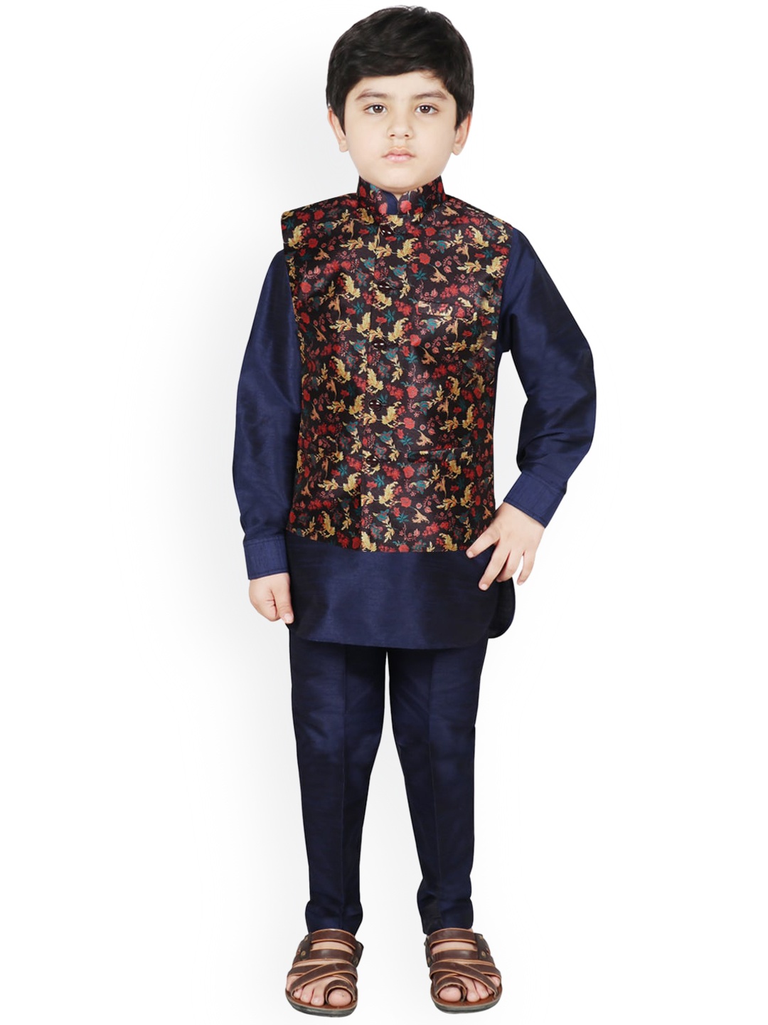 

SG YUVRAJ Boys Black Floral Layered Raw Silk Kurta with Pyjamas