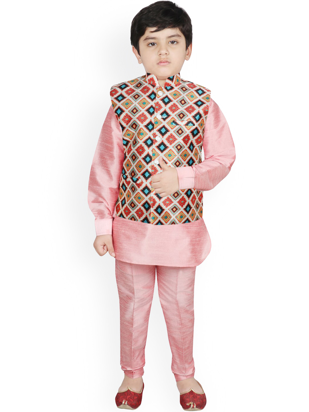

SG YUVRAJ Boys Cream-Coloured Layered Raw Silk Kurta with Trousers