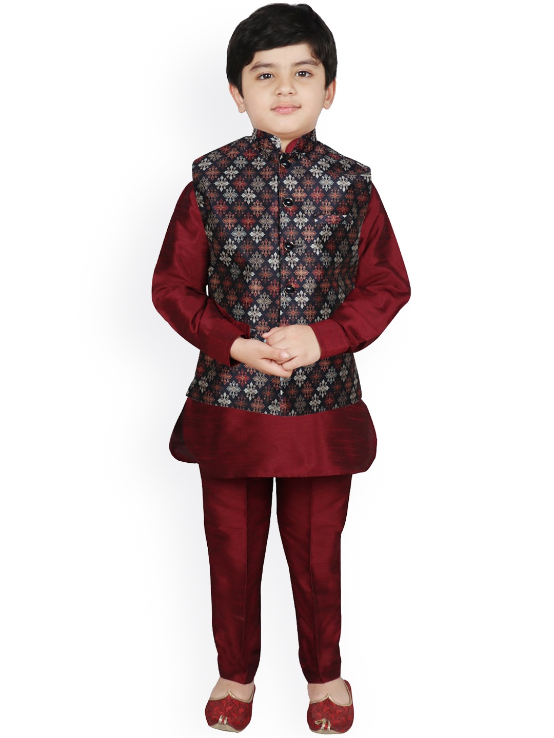 

SG YUVRAJ Boys Navy Blue Floral Layered Raw Silk Kurti with Pyjamas
