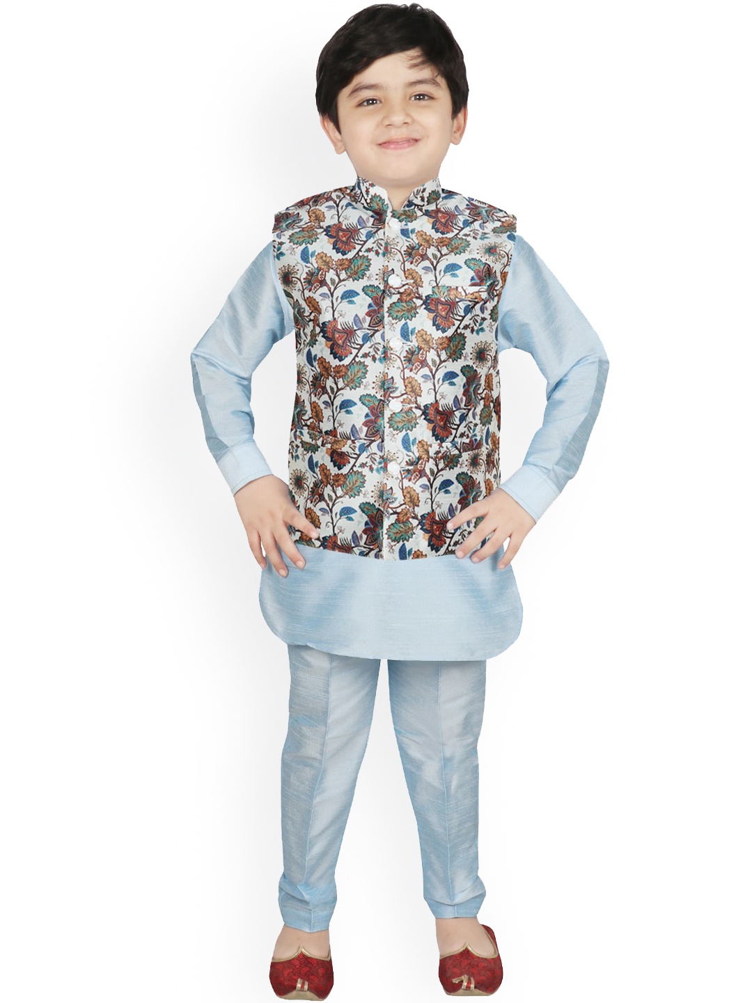 

SG YUVRAJ Boys White Floral Layered Raw Silk Kurta with Trousers