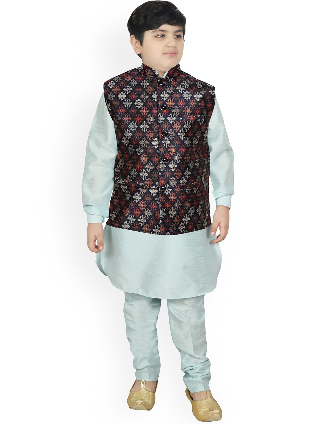 

SG YUVRAJ Boys Navy Blue Floral Raw Silk Kurta with Pyjamas