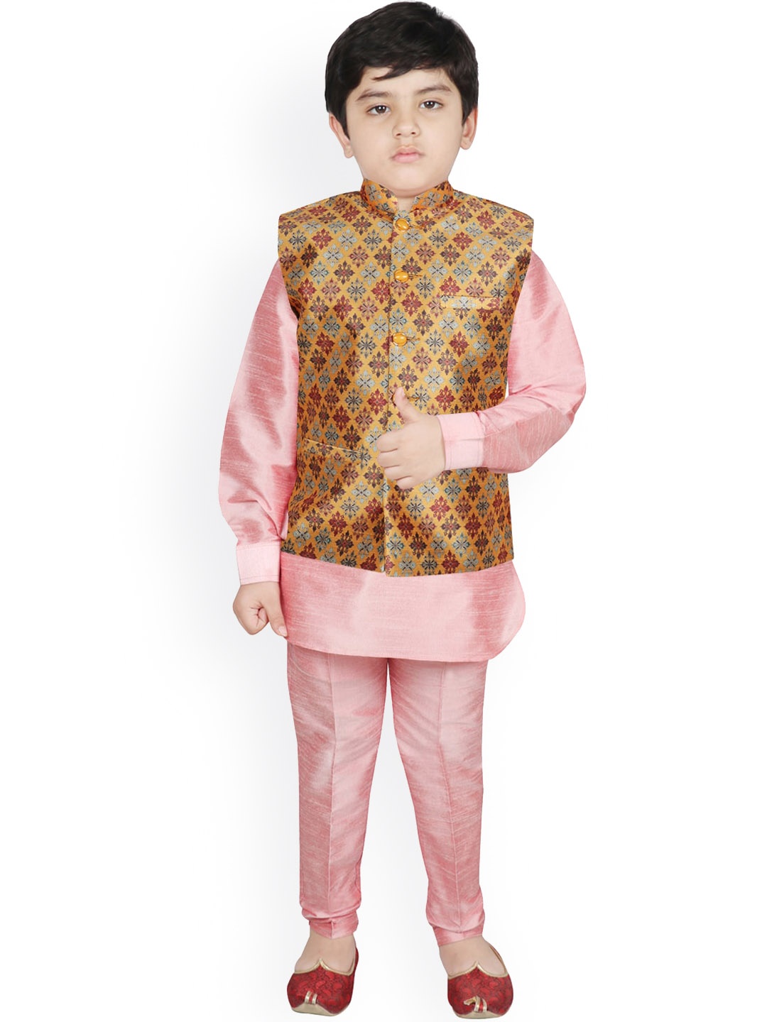 

SG YUVRAJ Boys Yellow Layered Raw Silk Kurta with Trousers