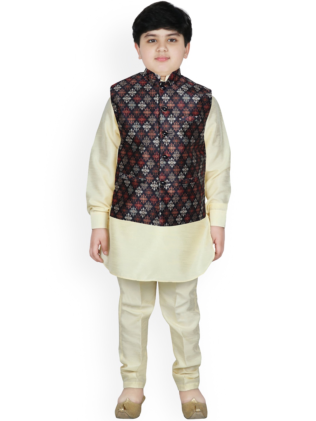 

SG YUVRAJ Boys Navy Blue Layered Raw Silk Kurta with Pyjamas