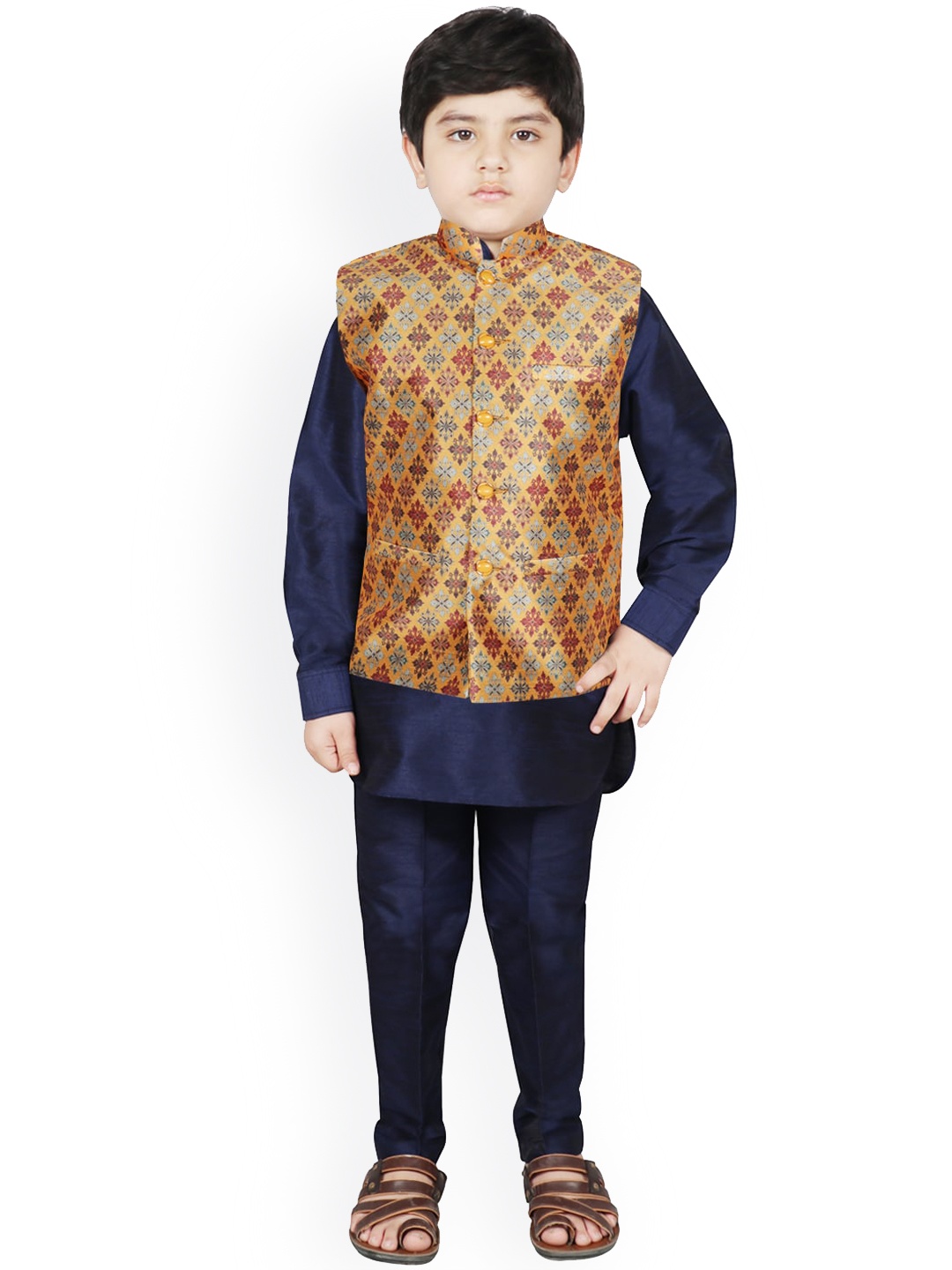 

SG YUVRAJ Boys Yellow Floral Layered Raw Silk Kurti with Pyjamas